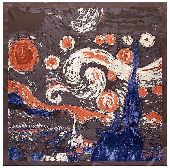 130*130cm Women Silk Square Scarf Van Gogh Starry Night Oil Painting Shawls and Wraps Foulard Femme Luxury Hijab Head Scarves