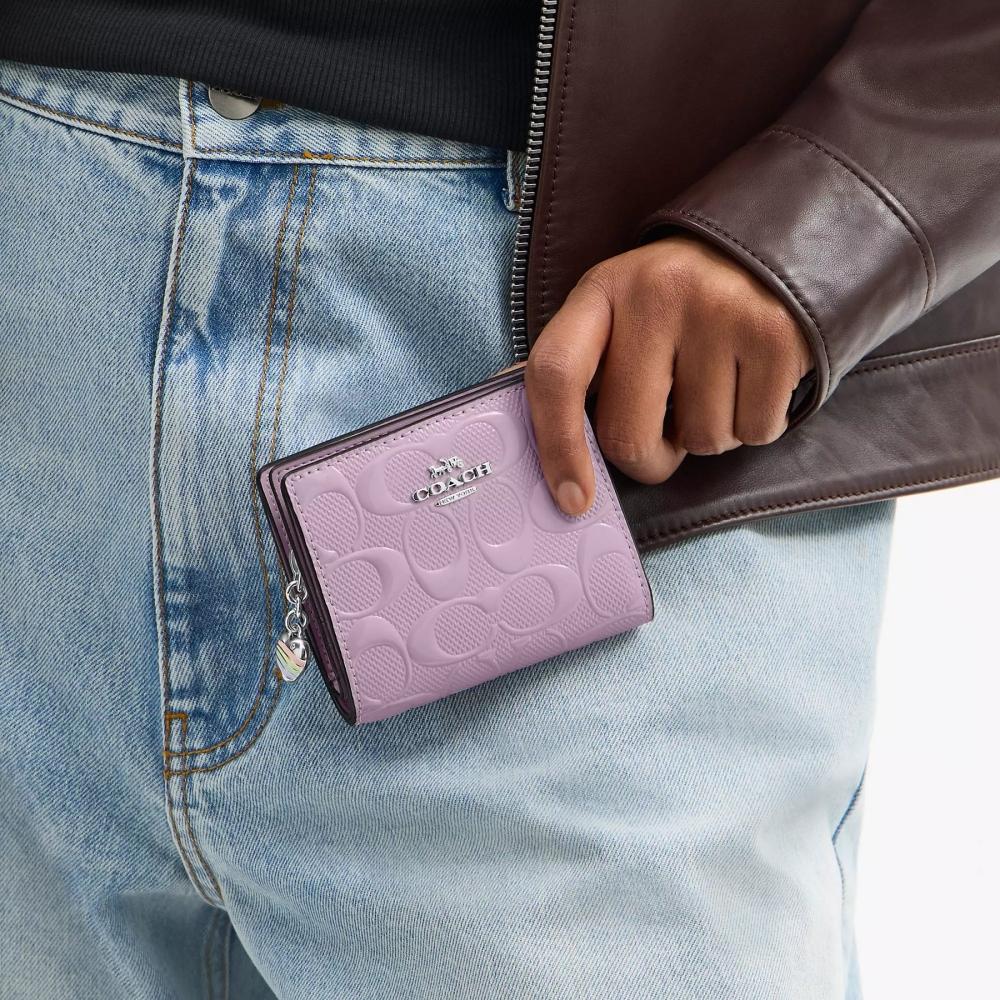 Coach Snap Wallet In Signature Leather With Heart Charm Silver