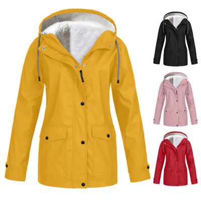 Women Hiking Hoodie Solid Color Hooded Autumn Winter Plush Lining Drawstring Pockets Jacket Coat for Climbing