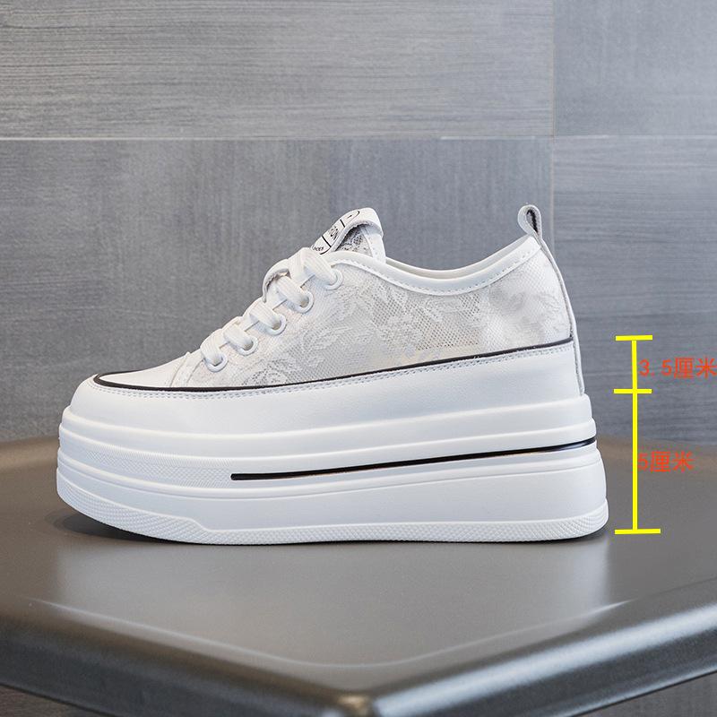 New Breathable Leather Inner Heightening Thick-soled Low-top Women's Shoes Lace-up Single-sided Muffin Delicate 8 Cm Little White Shoes Women