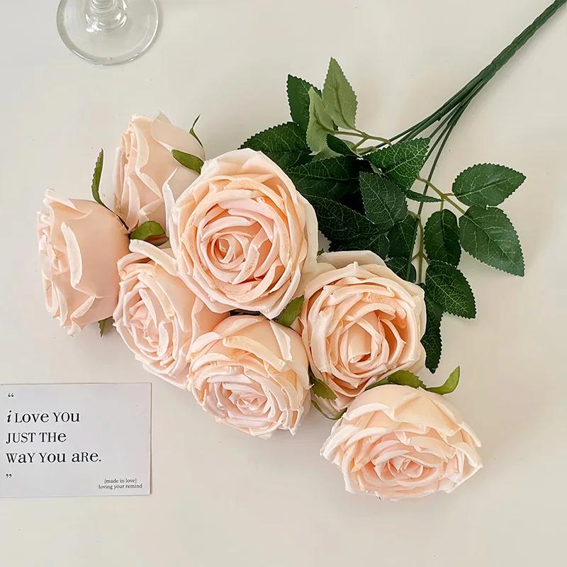 7 Heads Rose Artificial Wedding Home Decoration Brushed Cloth Simulation Rose Bouquet Home Hotel Decoration Fake Flowers