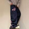 American retro heavy industry plum blossom embroidery loose denim spring and summer high street design straight mopping jeans