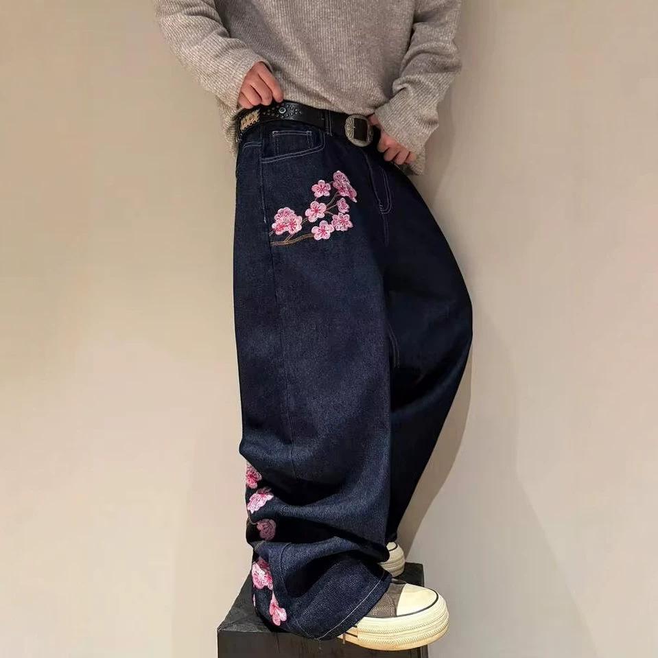 American retro heavy industry plum blossom embroidery loose denim spring and summer high street design straight mopping jeans