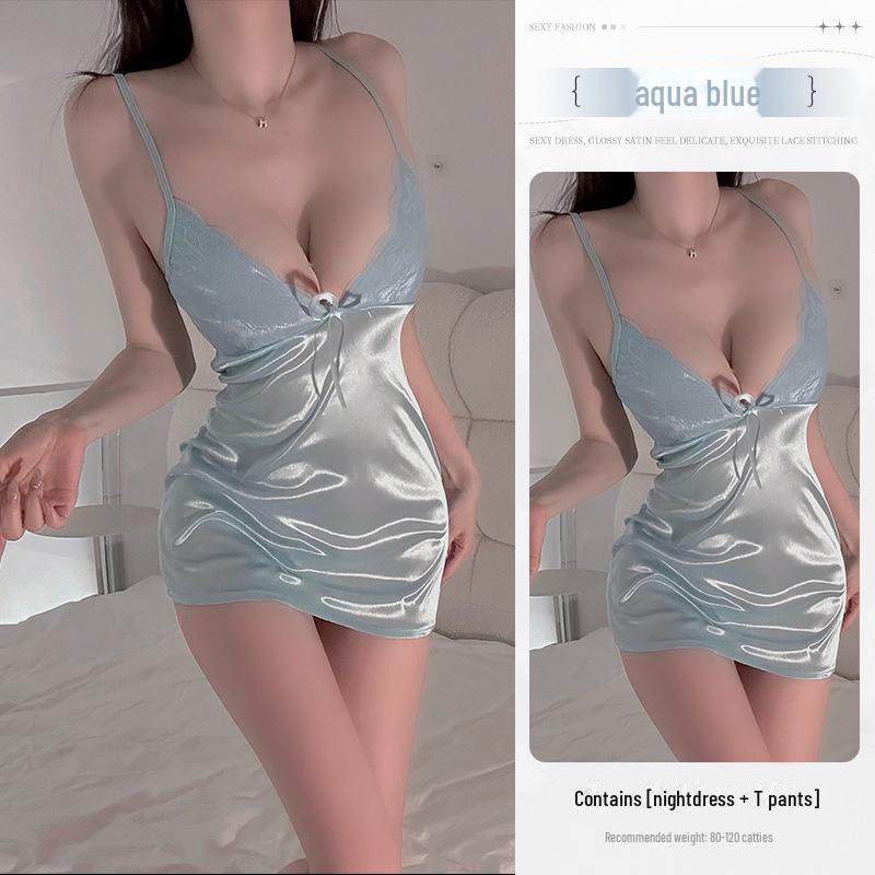 

Элегантная кружевная ночная рубашка и комплект с подвязками для чулок для зрелых женщин One Size (40-60 kg) небесно-голубой