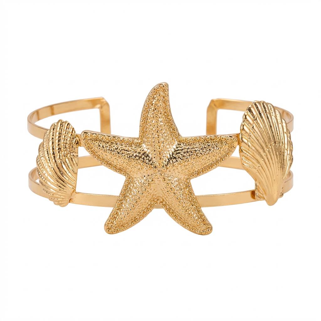 Bohemian Gold Color Starfish Shell Upper Arm Cuff for Women Metal Adjustable Armlet Bracelet Summer Beach Vacation Body Jewelry
