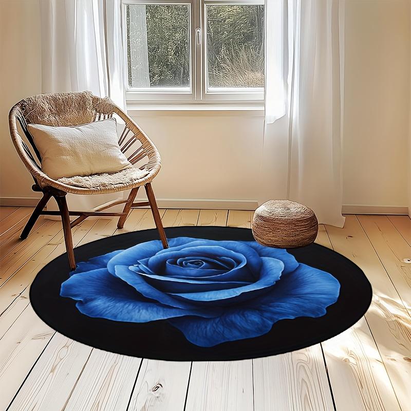Luksuriøst Blårose-mønster Rund Form Gulvmatter Kjøkken Gangløper Teppe Soverom Stue Mykt Teppe Sklisikkert Områdeteppe