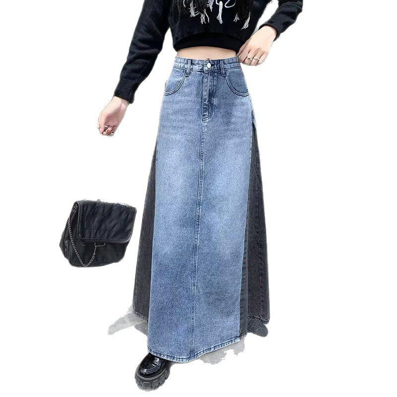 Fustă midi A-line din denim patchwork retro - Primăvara 2025 Design color block subțiere pentru femei