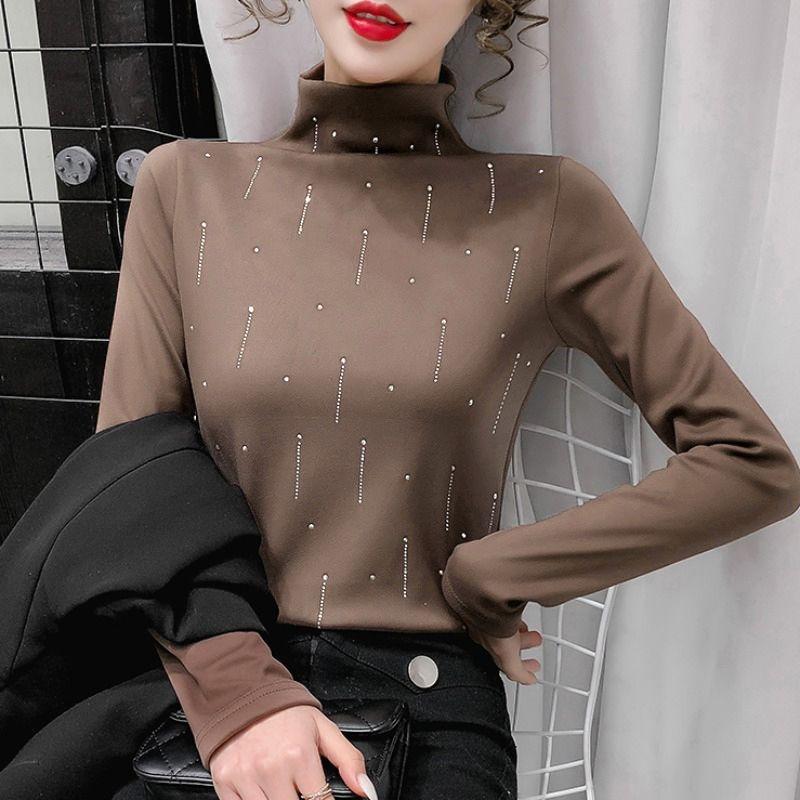 Catifea Germană Față-Verso Gât Mediu Înalt pentru Femei Tricou cu Mânecă Lungă din Catifea Plus Toamnă Iarnă Top cu Incrustații de Diamante