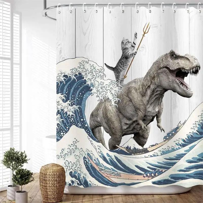 Lustige Katze reitet auf Dinosaurier Duschvorhang Niedliches Tier Meereswellen Surfbrett Kreatives Kinder Badevorhang Set Stoff Badezimmer Dekoration Polyester Fenster