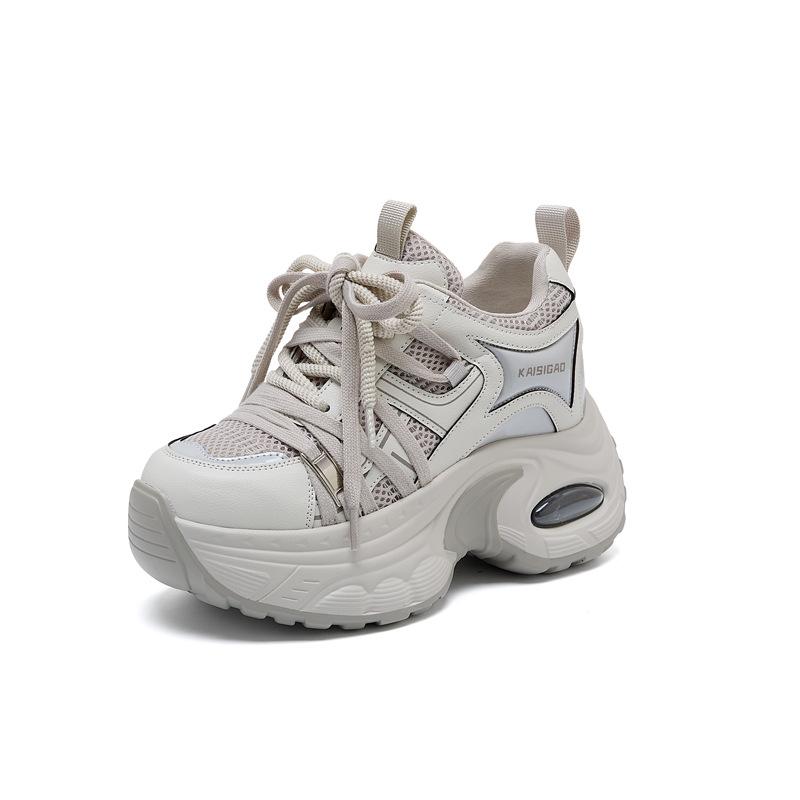 Thick-soled dad shoes for women s autumn new leather mesh breathable and lightweight 34