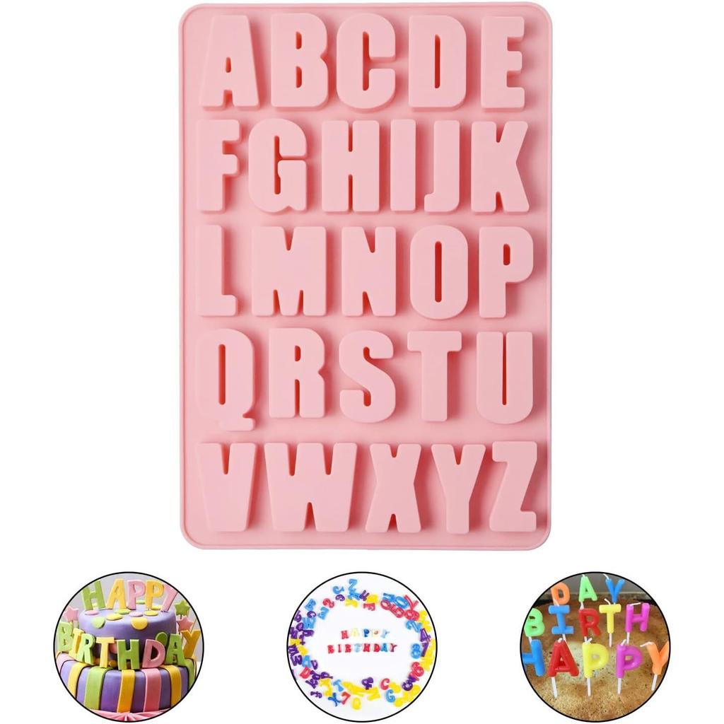26 Cavity Alphabet Silicone Mold Deep Letter Shape Easy Release & Clean for Cake, Biscuit, Ice Cube, Chocolate, Resin, Concrete Pink
