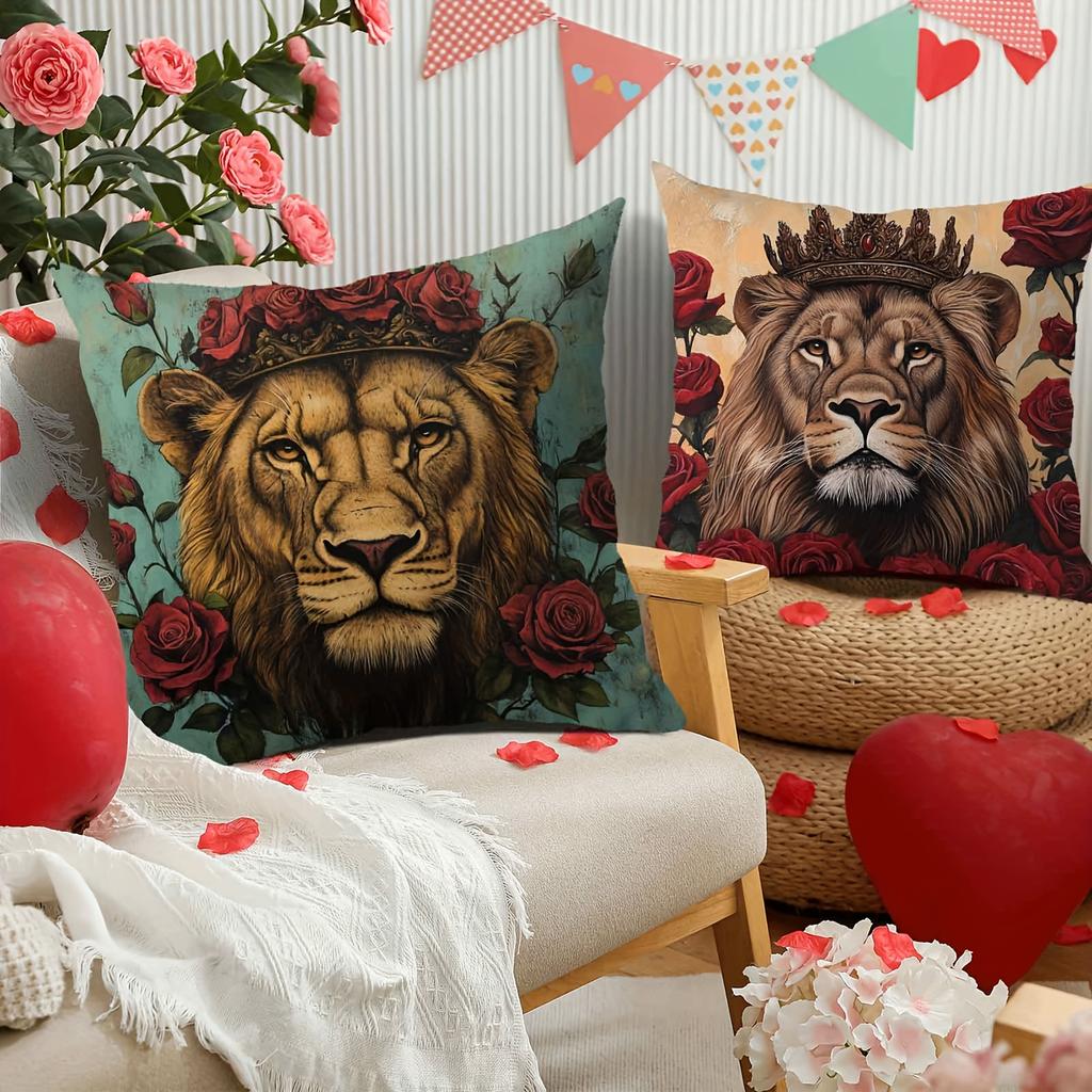 4Pcs Retro Floral Lion Theme Digital Printing Pillow Cover Short Plush Suitable Living Rooms Bedrooms Sofas Throw Cushion Cover