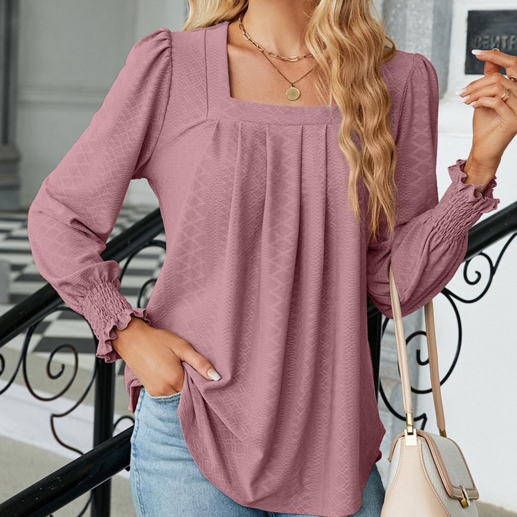 BITCED Autumn/Winter Women's Jacquard Pleated Square Collar Long Sleeve Dovetail Solid Color T-shirt Woman