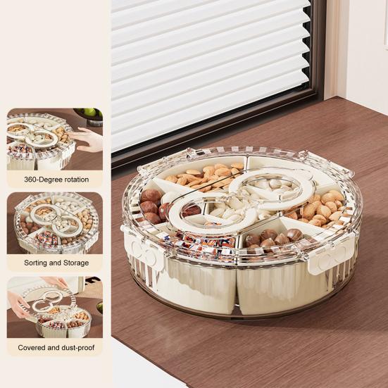 Refrigerator Storage Box with 6/7 Dividers Sealing Lid 360-Degree Rotating Tray Vegetables Shrimp Cocktails Party Appetizers Organizer