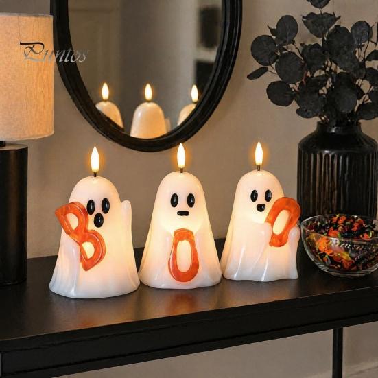 Safe Decorative Night Lights Halloween Ghost Flameless Candle, Cute Holding BOO Letter Tealight, Kid Friendly Gifts Battery Operated LED Flickering