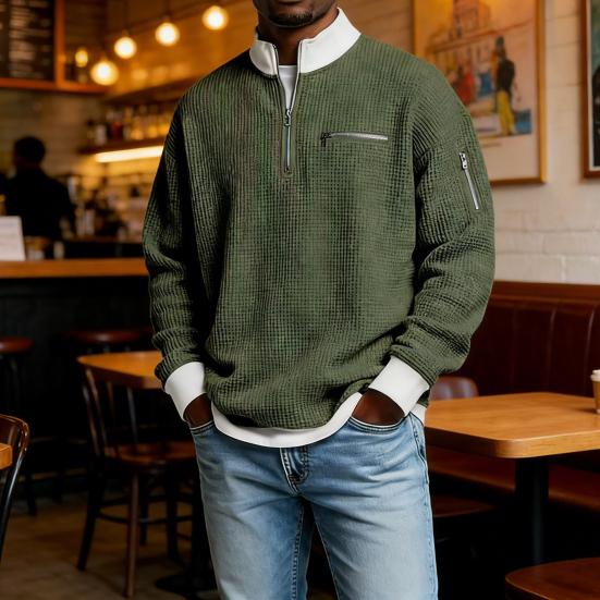 Men Waffle Sweatshirt Quarter Zip Stand Collar Casual Pullover Color Block Long Sleeve Top for Office Street Gym Wear