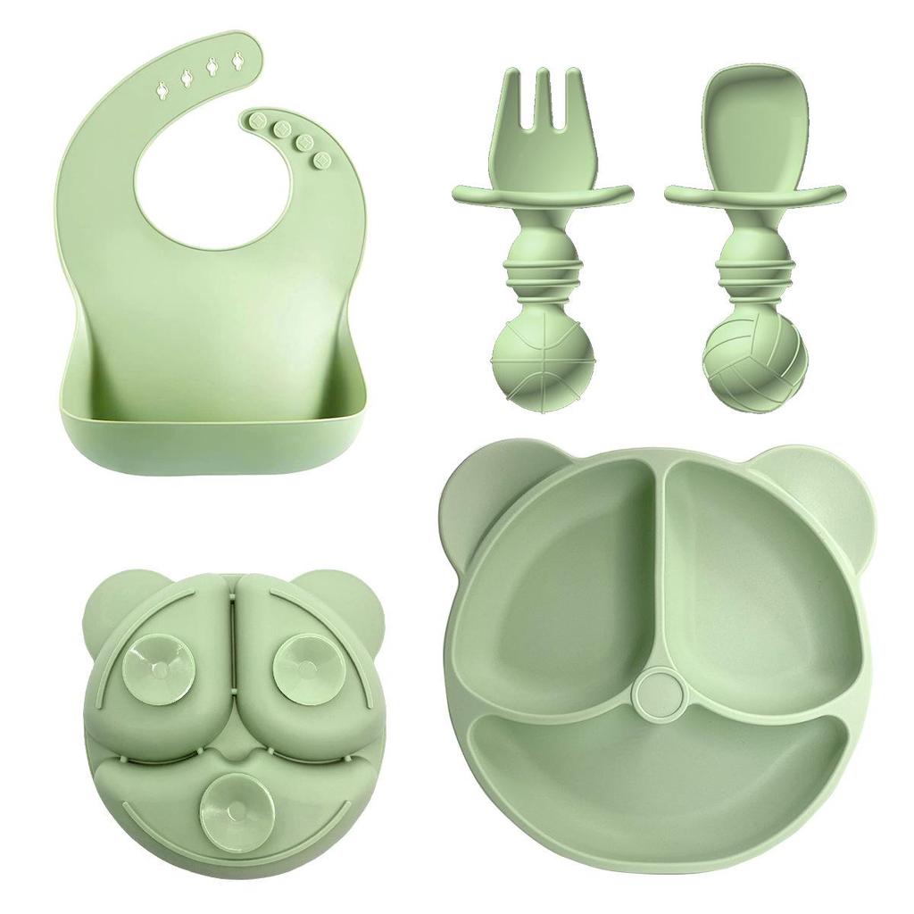 Silicone Cartoon Bear Baby Plate & Bowl Set with Integrated Suction Cup - Children's Tableware & Utensils
