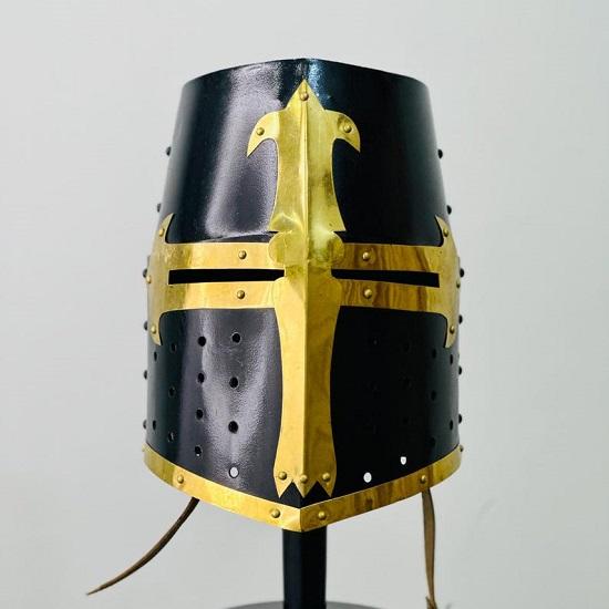 Blackened Templar Helmet | Holy Brass Cross  Crusader Medieval Knight Armor  Mild Steel Helmet