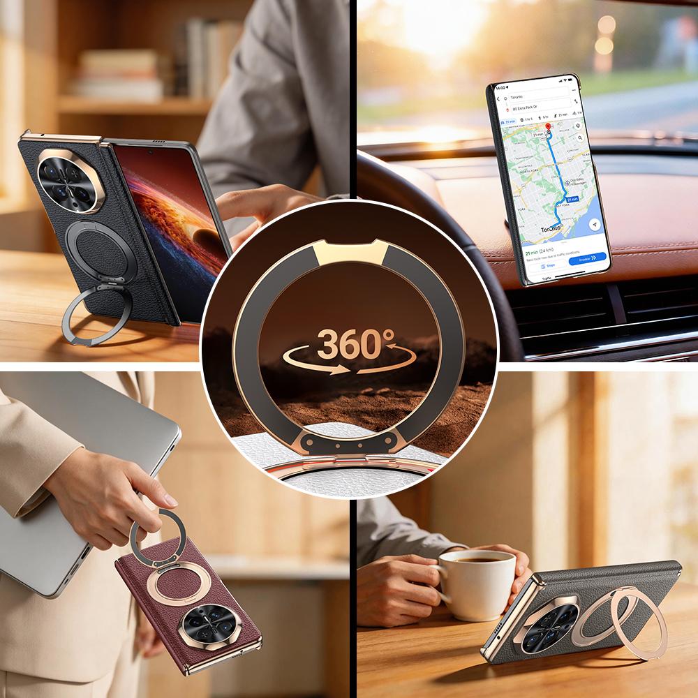 For Honor Magic V6 Genuine Leather Phone Case Magnetic Stand Dual-Axis Hinge Case and Film Integrated Foldable Screen Protection