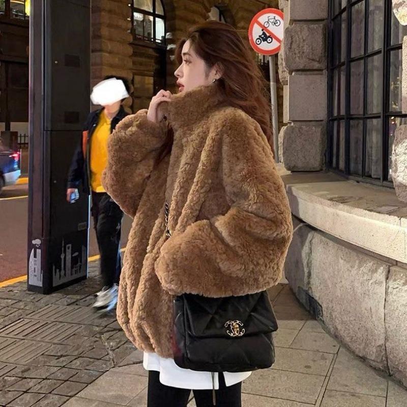 Leather Stand-up Collar Thickened Imitation Lamb Wool Coat Winter New Coat Retro Simple Temperament Light