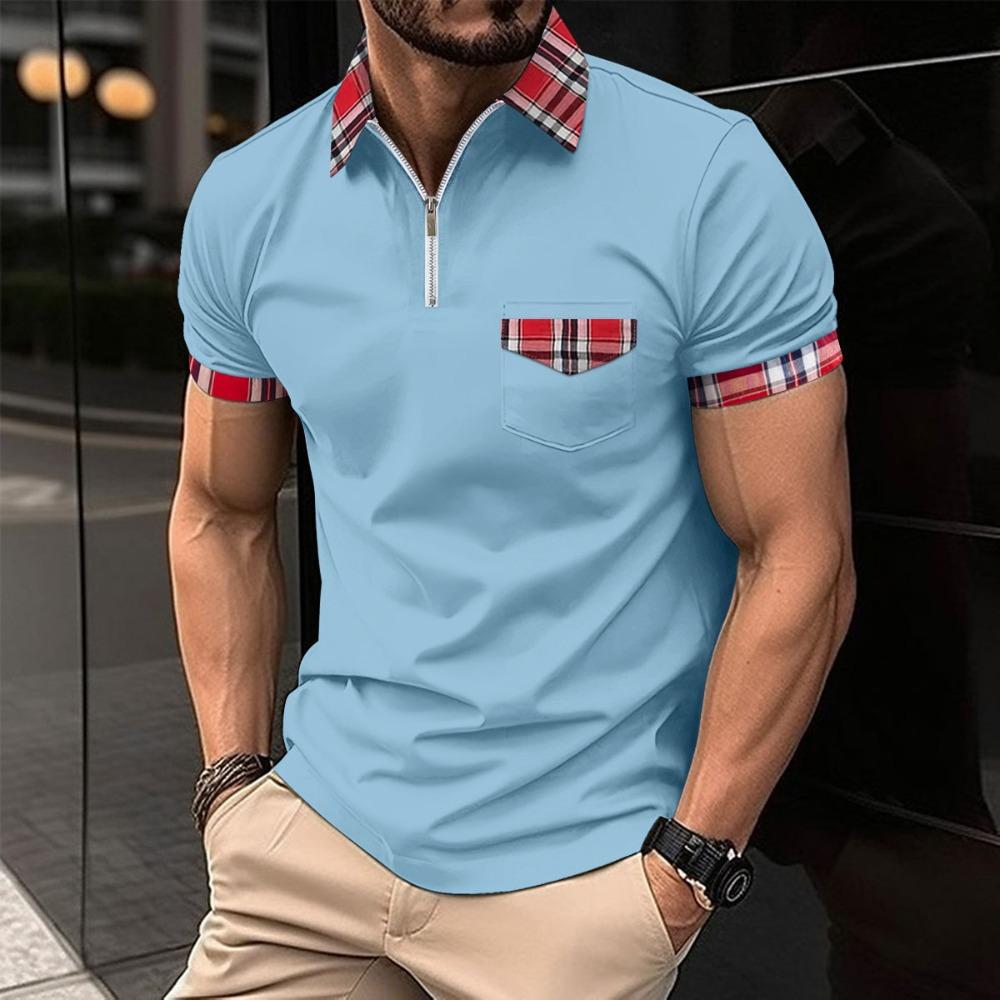 Men's summer casual T-shirts, checked polo shirts, zipped-pocket polo shirts, men's sports polo shirts