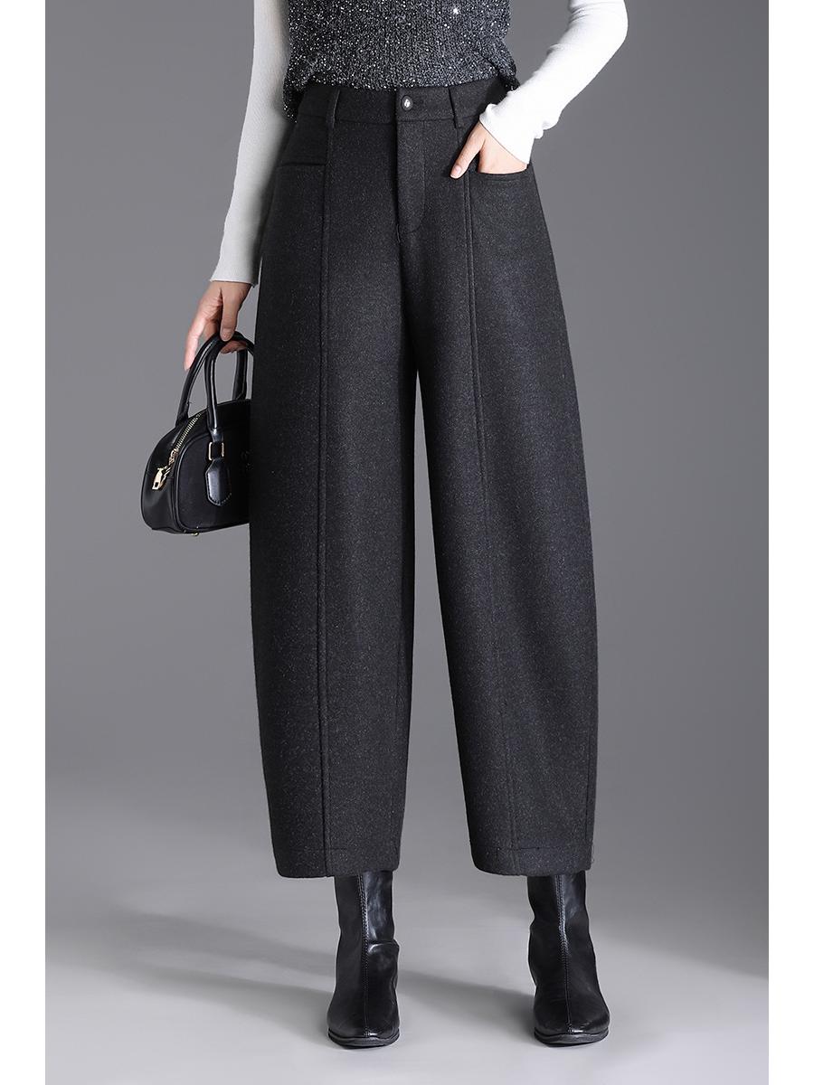 

Women s High-Waisted Wool Wide-Leg Pants - Autumn/Winter, Loose Slimming, Barrel Style, Casual, Curved Leg, Nine-Tenths Length 32 чорний колір сірий