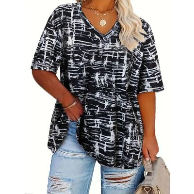 Minimalist Floral 3D Digital Printing T-shirts Women's High Street Loose Breathable Casual V-neck Short Sleeved T-shirt