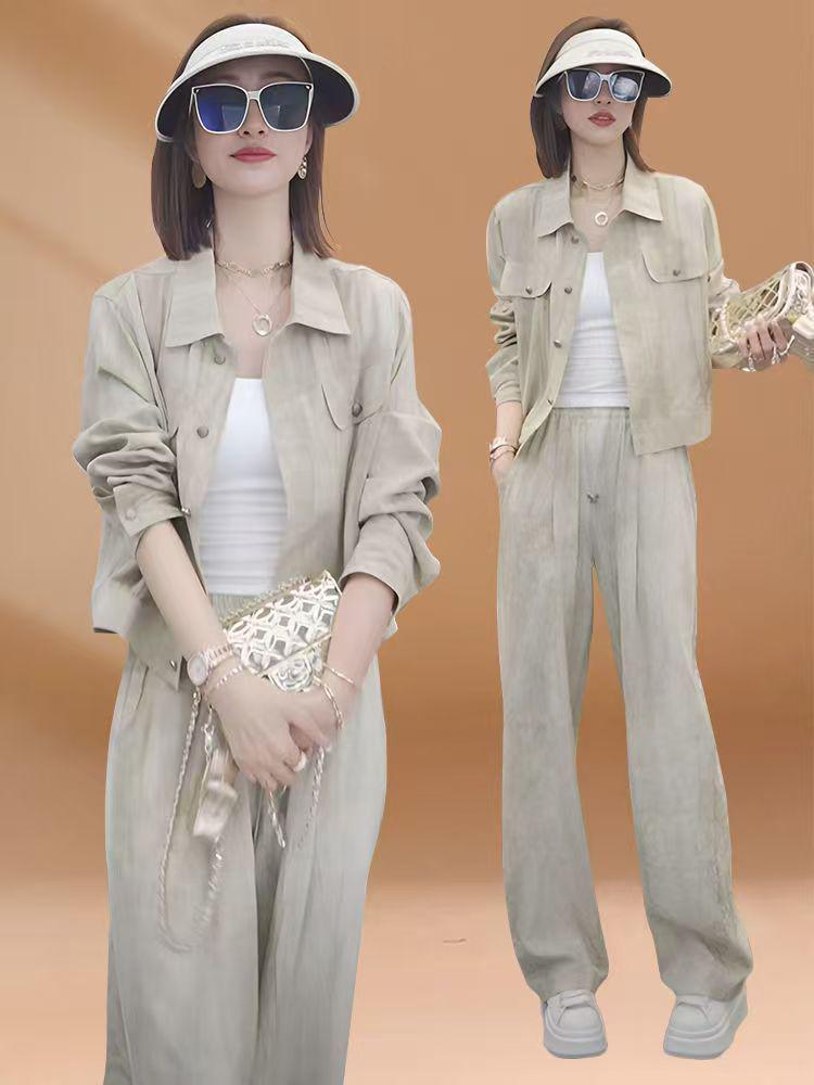 Autumn 2025 Women's Casual Set: Slim Lapel Top & High-Waisted Wide-Leg Pants