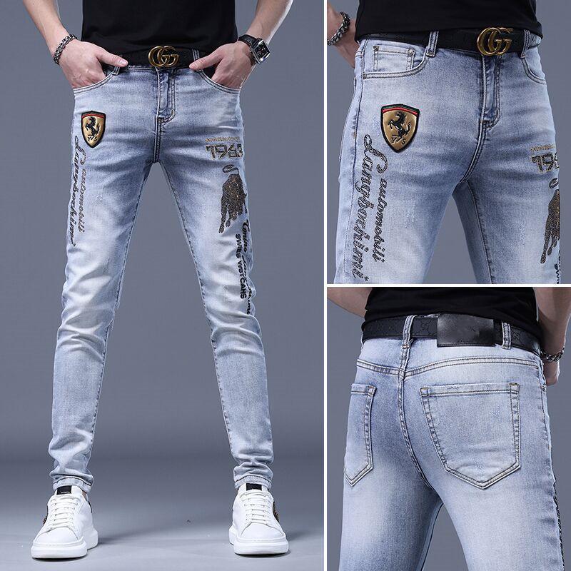 

Европейские мужские узкие белые джинсы с ромбовидной вышивкой 36 (165-180 lbs)