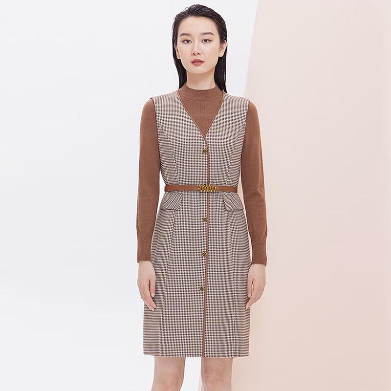 

JESSIE Retro Color Block Plaid Patchwork Faux Two-Piece Dress S