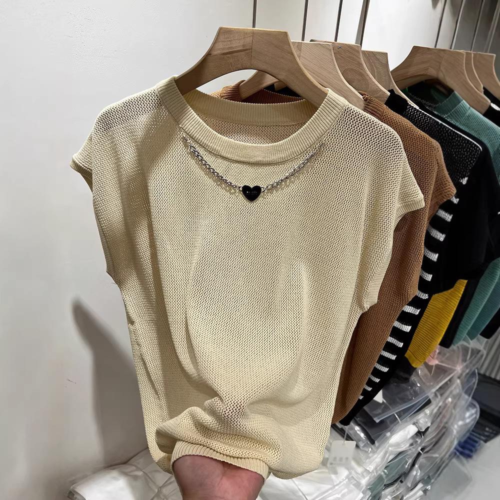 European Chain Splicing Ice Silk Sleeveless Knitted Shirt Women's Summer New Hollow Fashionable T-shirt Top Tide