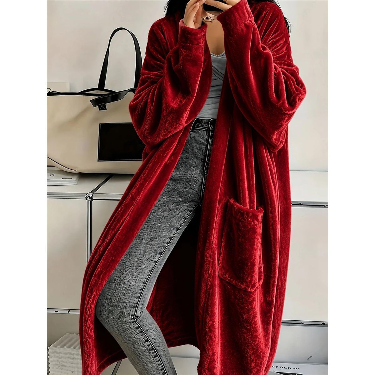 Dames fleece lange open vest oversized losse jas met zakken casual loungewear XXXL rood