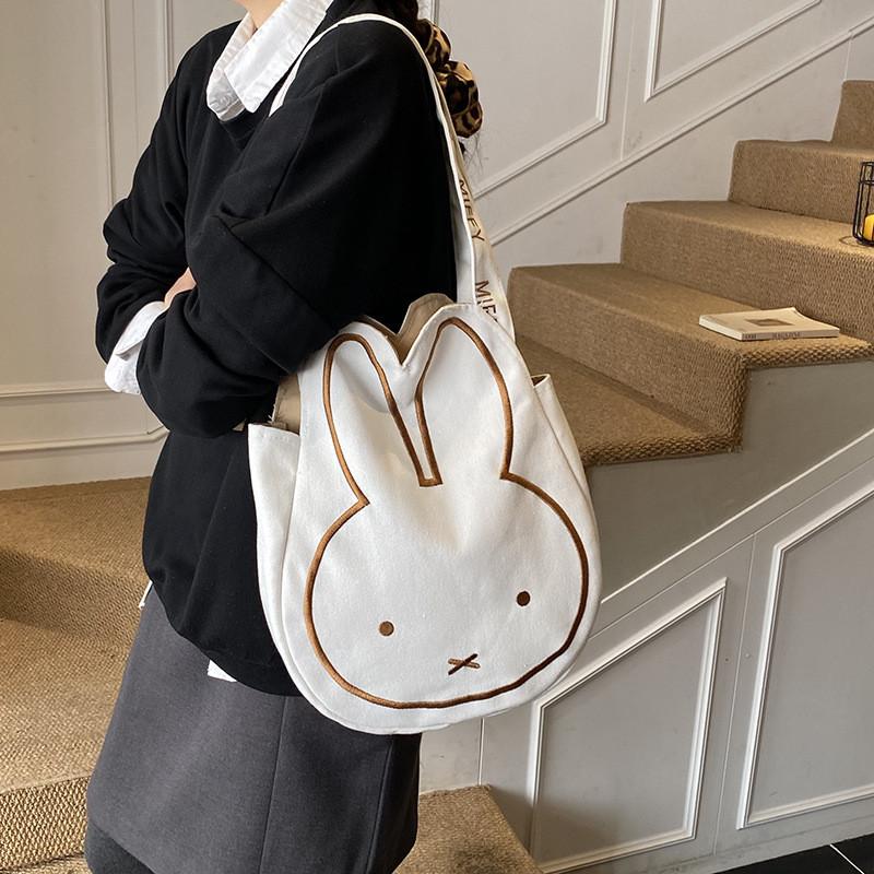 White Miffy Bunny Tote Bag With Print And Magnetic Closure For Urban Style