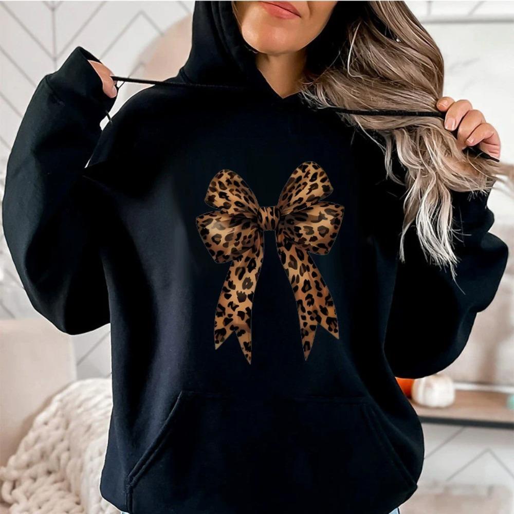 Hanorac cu Glugă Inimă cu Fundă Imprimeu Leopard Mânecă Lungă Hanorac Amuzant Streetwear Femei Casual Pulover cu Glugă Grafic Haine Largi