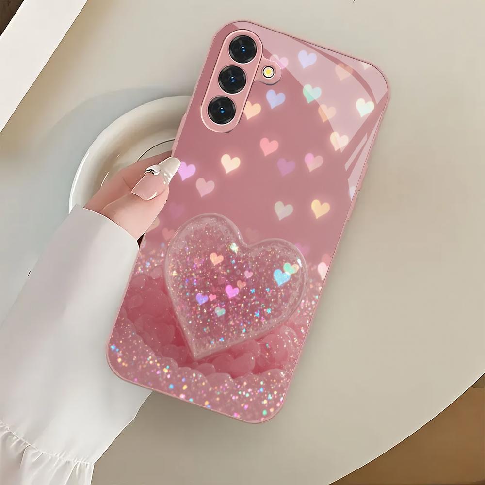 Pink Heart-shaped Design Glass Phone Case Suitable for Samsung Galaxy S26 S25 S24 S23 S22 S20FE/Ultra/Plus Shockproof Back Cover