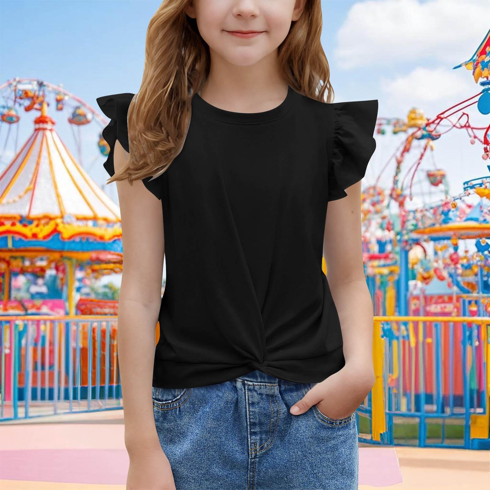 

Однотонный повседневный топ с круглым вырезом, короткими рукавами для детей, с рукавами-крылышками и оборками по краям летом 120 чёрный