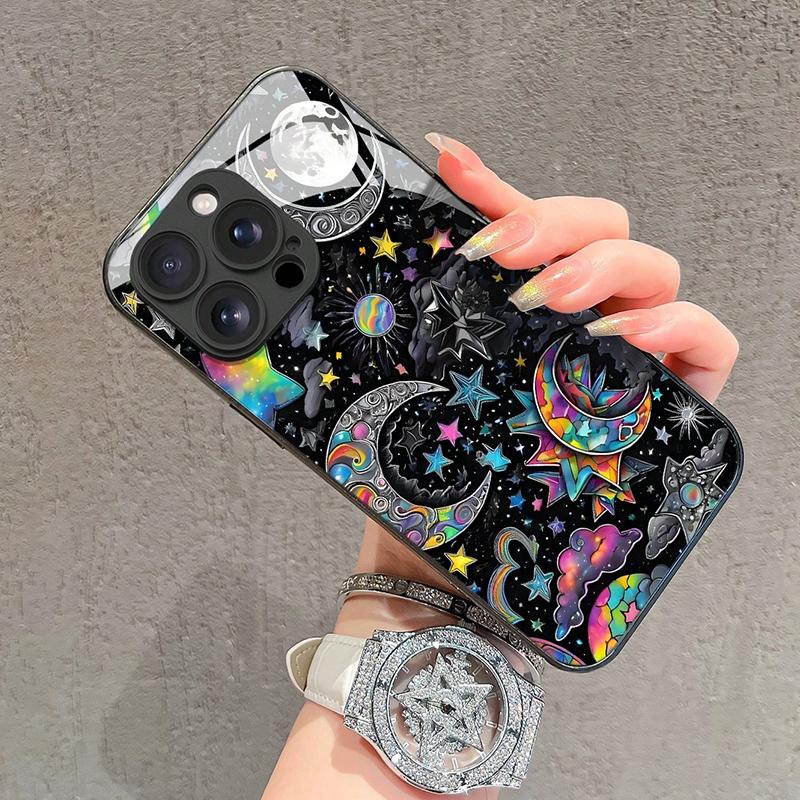 Bunte Sterne und Mond Glasmaterial Handyhülle für iPhone 17 16 15 14 13 12 11 Pro Max 16E 7 8 Plus XR XS X Stoßfeste Hülle