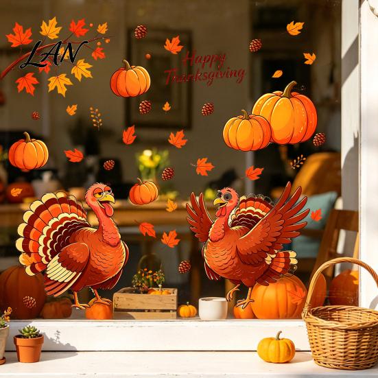 Thanksgiving Glass Clings Static Window Clings, Cartoon Double Turkey Pumpkin Maple Leaf No?Glue Creative Gifts Decals, Waterproof Stickers for Home