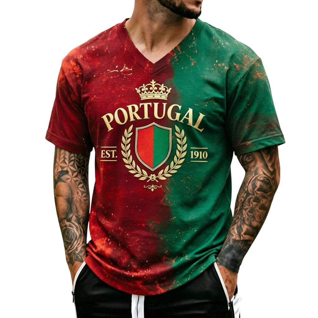 Men's V Neck Short Sleeve Shirt Soccer Print Fan Tee World Cup Sportswear Casual Top for Outdoor Activities and Daily Wear