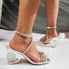 Women's Alien Heel Sandals Summer New Square Toe Crystal Bow Sheer Strap One Buckle Non-Slip Wear-Resistant High Heels