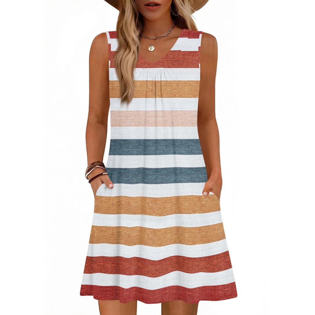 Dámské módní letní tílko bez rukávů s V-výstřihem, s kapsou, ležérní volné šaty