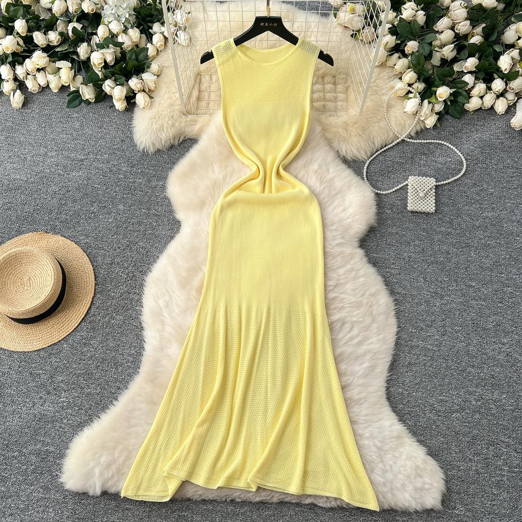 Summer Women Casual O-neck Sleeveless Hollow Out Knitted Sweater Slim Bodycon Fishtail Dresses