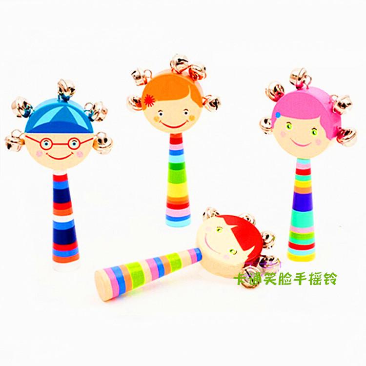 Wooden Cartoon Smiley Handbell Wooden Infant Rattle Kindergarten Toy Factory