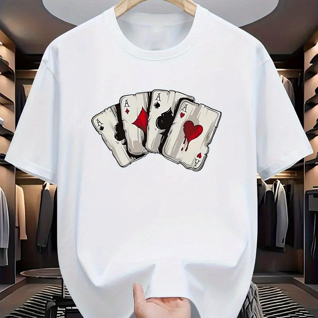 Sommer Herren 100% Reine Baumwolle Poker Karten Grafikdruck Lässig Locker Sport Bequem Rundhals Kurzarm T-Shirt Top