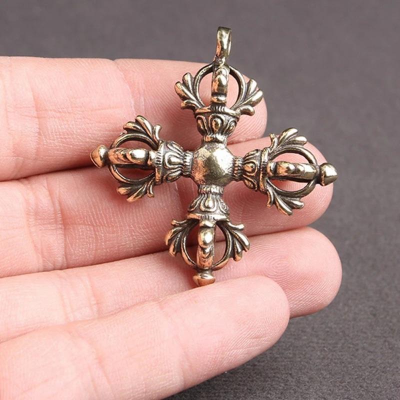 2Pcs Cross Brass Pendant Bodhi Beads Keychain Rope Hangings Buddhism Dharma Handmade Woven Lanyard.
