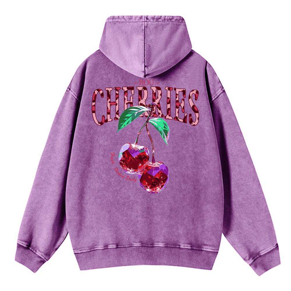 Fashion Womans Washed Hoodie Crystal Cherries Printed Streetwears Warm Cotton Oversize Couple Streetwear