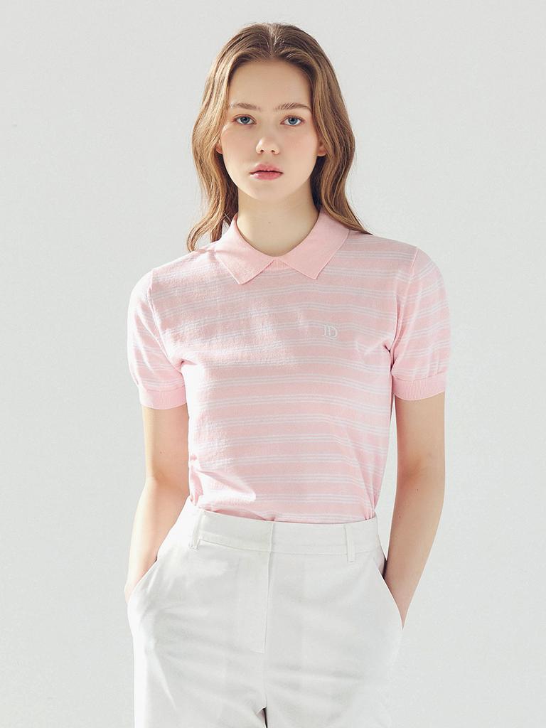 LORDLOAR Striped Round Neck Collar Knit Pink