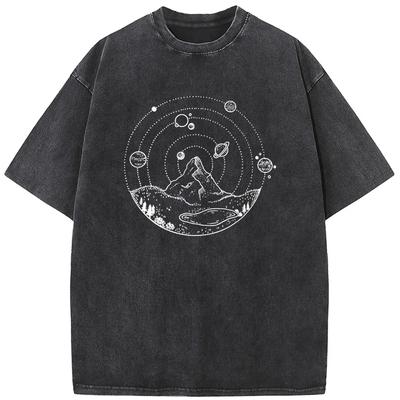Mountain Print Unisex Washed T-Shirt Novelty Summer Bleached Tshirt Funny Casual Loose Bleach Tops Tee