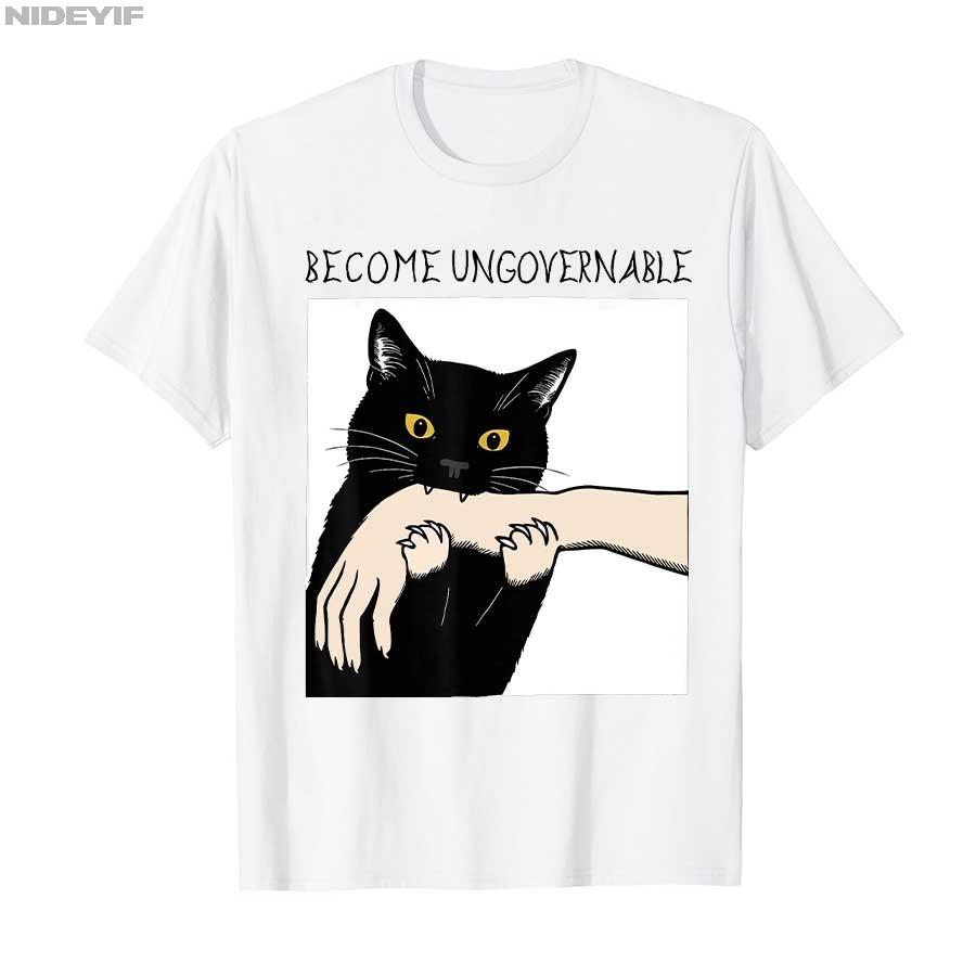 Become Ungovernable Tshirt Short Sleeve Unisex Unisex Funny Black Cat Biting Hand Meme Graphic Top Summer Casual Tees