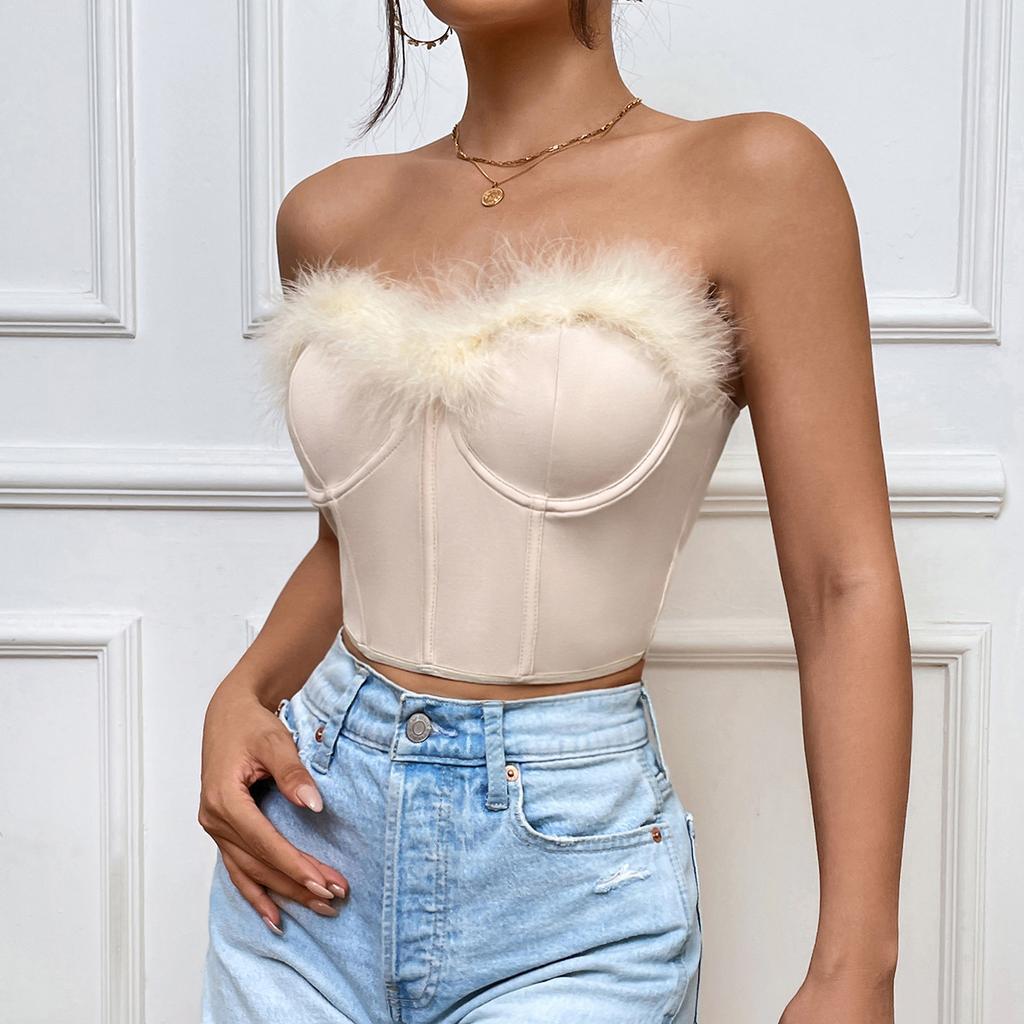 Faux Fur Tank Top Off-shoulder Crop Tops Women Summer Strapless Steel Camis Fishbone Camisole Fashion Tube Female Sleeveless Cropped Vest Y2K Clothes